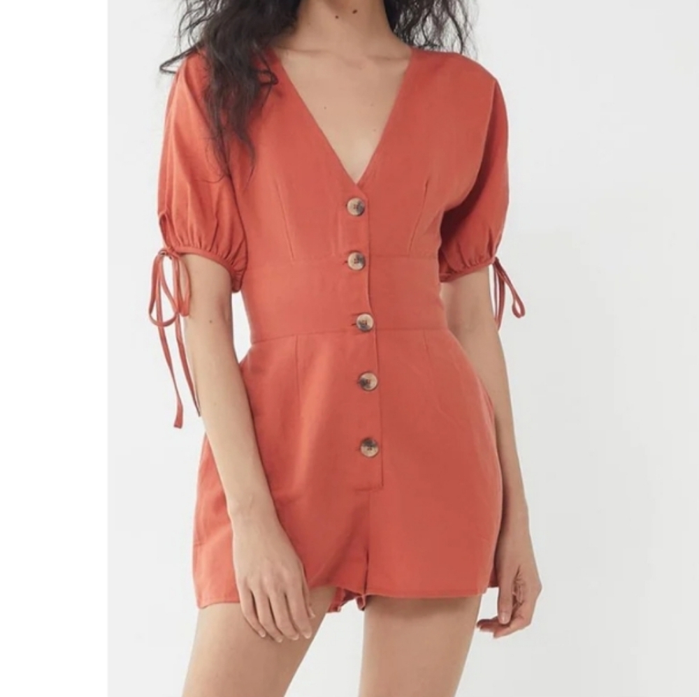 Urban Outfitters-Lily Linen Button-Front Rust Romper Dress Size S-P